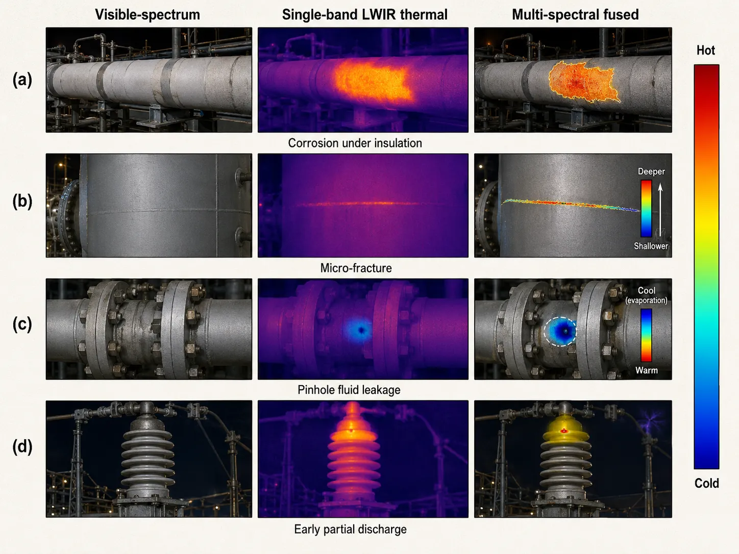 Visible vs multi-spectral thermal defect comparison
