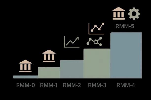 Horizontal staircase graphic showing RAG Maturity Model stages from RMM-0 to RMM-5 with icons for architecture, metrics, and governance on each step.