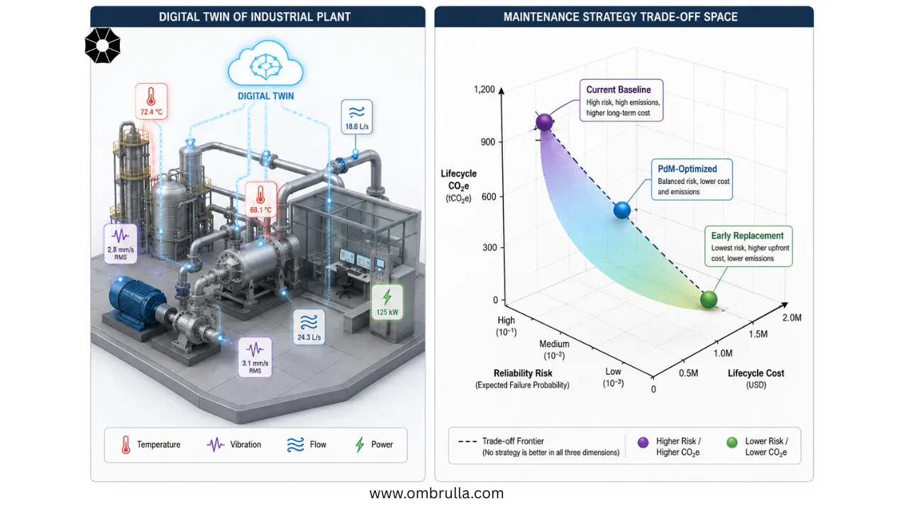Two-panel diagram. Left: stylized 3D digital twin of industrial plant with sensor overlays and glowing data connections. Right: 3D scatter plot with axes for Reliability Risk, Lifecycle Cost, and Lifecycle CO2e, showing three strategy points (Current Baseline, PdM-Optimized, Early Replacement) connected by a curved trade-off frontier.