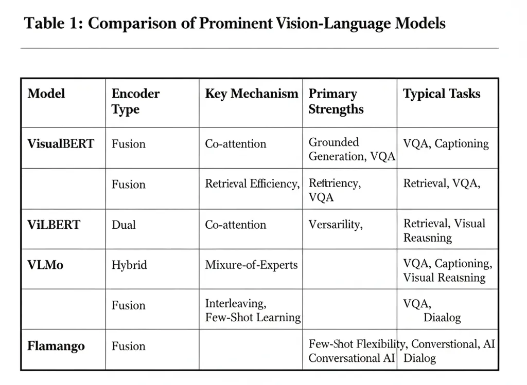 Table comparing VisualBERT, ViLBERT, VLMo, and Flamingo models by encoder type, mechanism, strengths, and tasks like VQA and captioning.