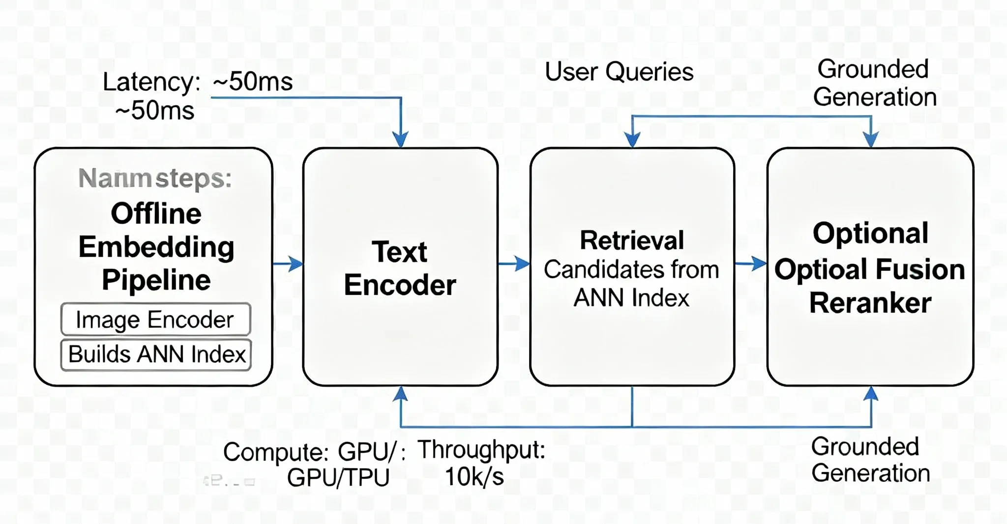 Flow diagram showing a text-image retrieval architecture with an offline embedding pipeline, text encoder, retrieval from ANN index, and optional fusion reranker for grounded generation.