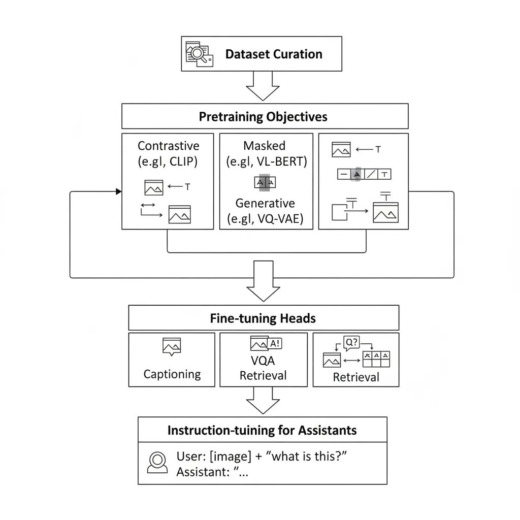 Diagram of Vision–Language Model training showing dataset curation, pretraining, fine-tuning, and instruction-tuning stages.
