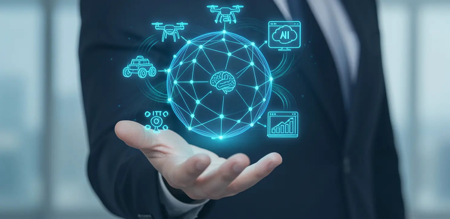 Industrial AI and IoT ecosystem visualization hand holding a digital globe with integrated icons for drones, robotics, AI systems, and automated data monitoring.