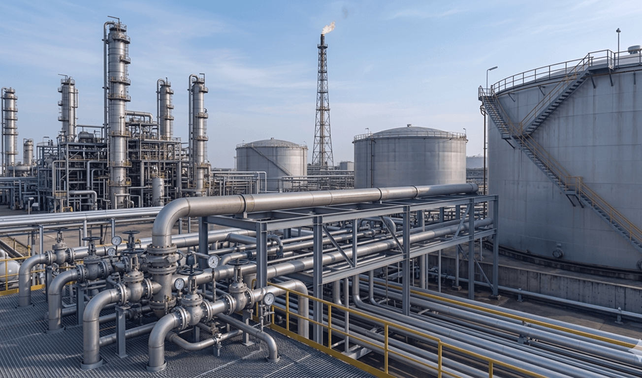 Industrial refinery with pipelines, storage tanks, and critical infrastructure assets