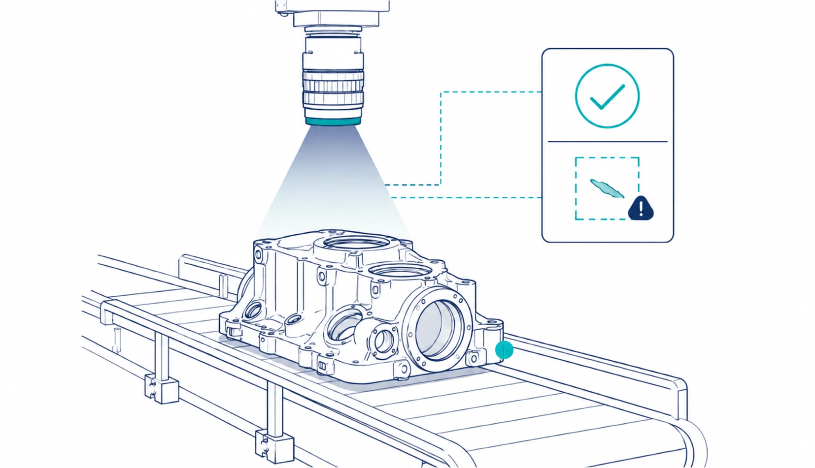 Technical illustration of an automated visual inspection system, showing an industrial camera scanning a mechanical component on a conveyor belt, with a connected inspection panel displaying a checkmark and a detected defect alert