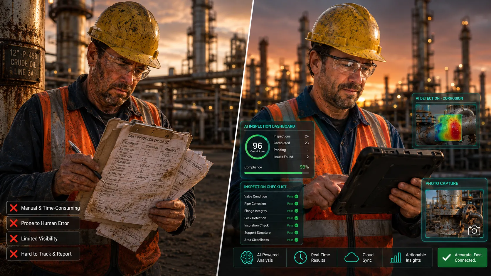 Split-screen comparison showing field engineer with paper checklist on left and AI mobile inspection app on tablet on right at industrial facility