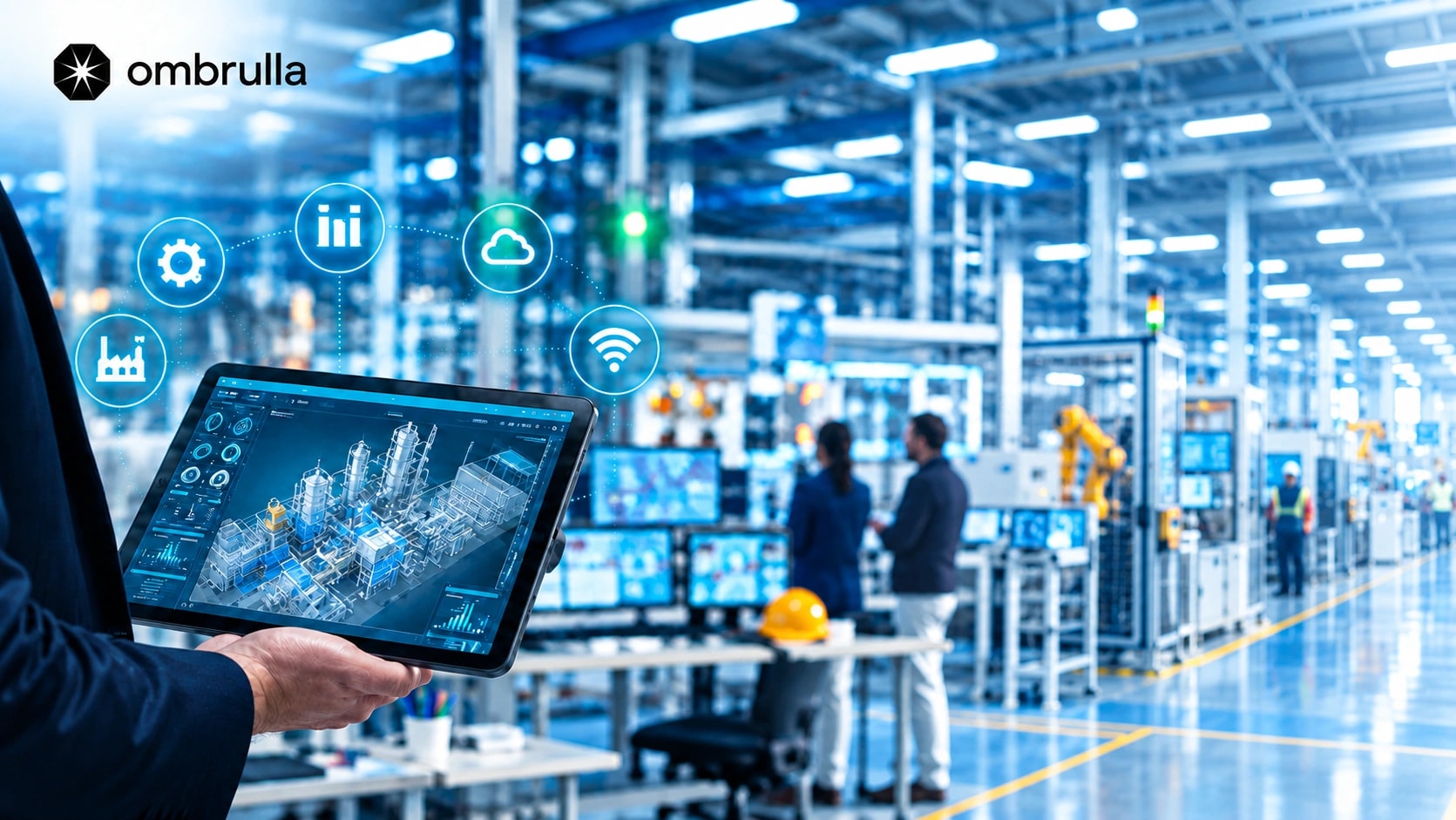 Predictive maintenance software dashboard showing AI and IoT asset health telemetry across industrial machinery