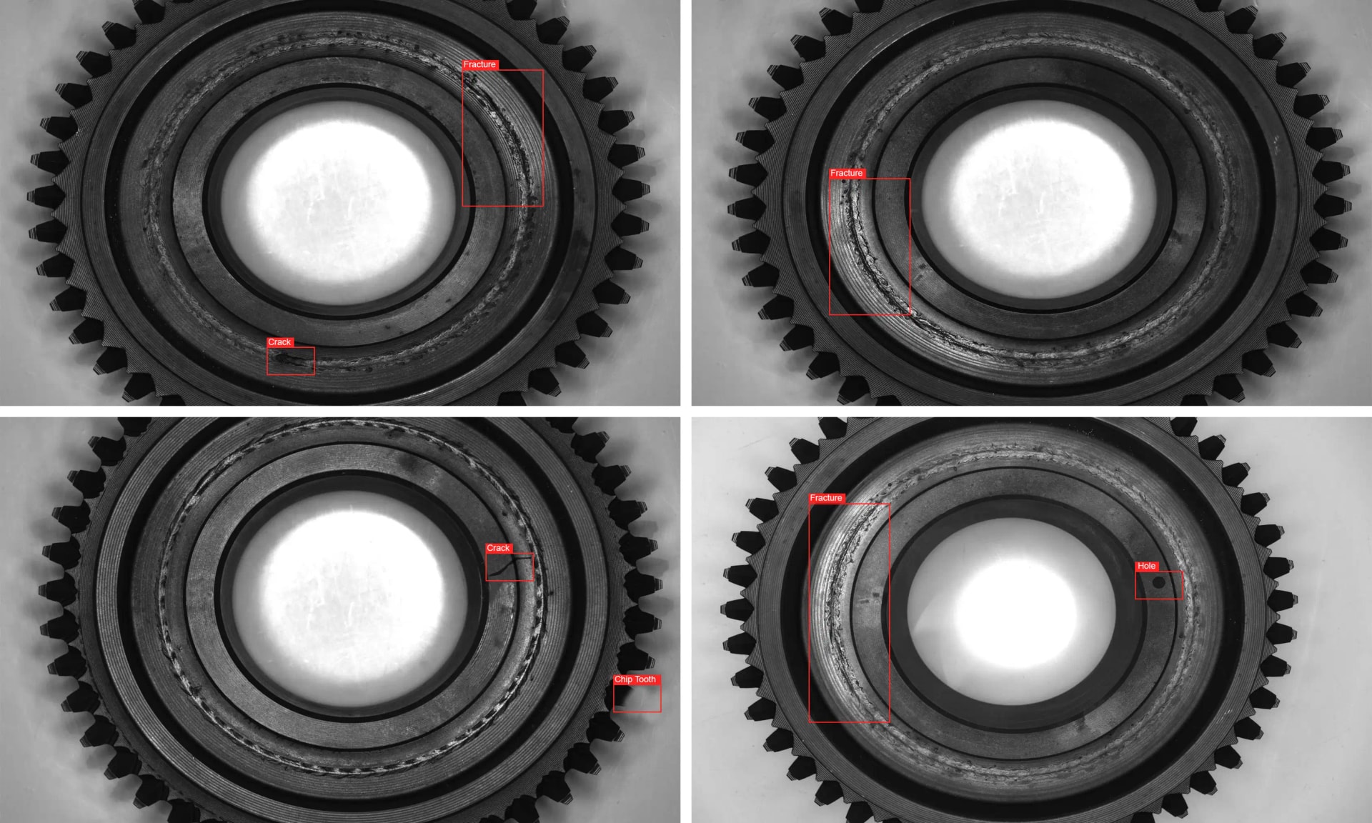 AI anomaly detection system identifying cracks, wear marks, and misalignment in mechanical components for predictive maintenance
