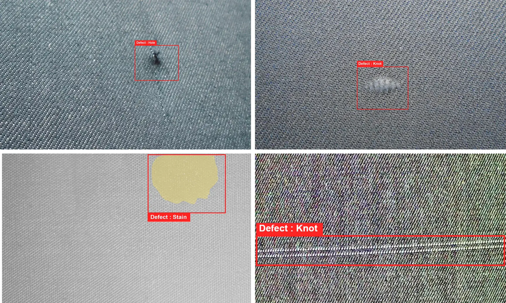 AI-powered fabric defect detection identifying misweaves, holes, stains, and pattern irregularities in textile production