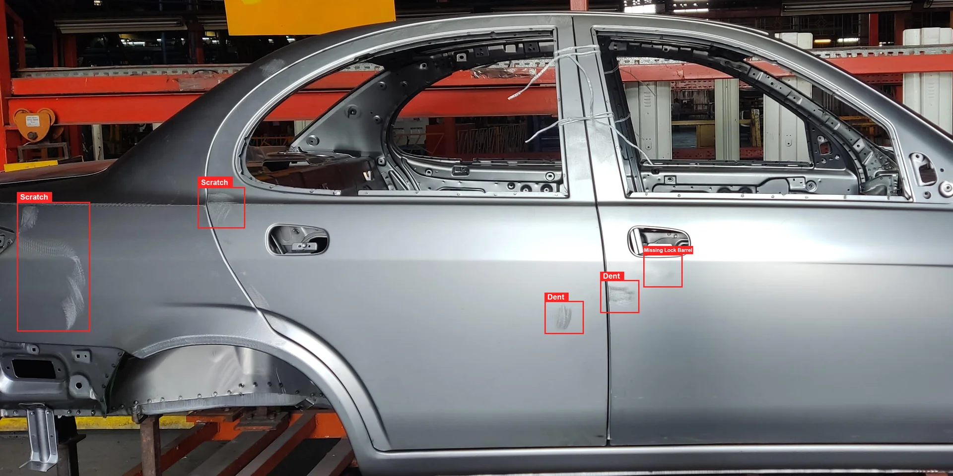 AI visual inspection system detecting paint defects like scratches, dust marks, and uneven coating in automotive manufacturing