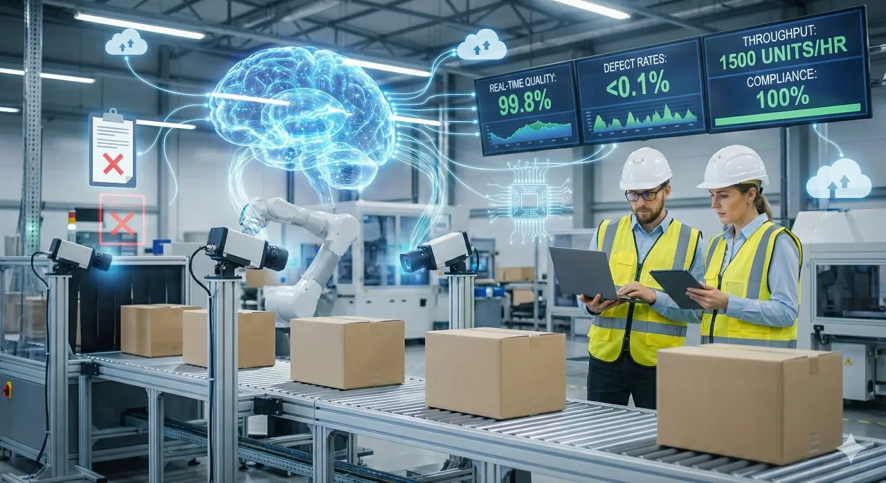 Infographic showing key benefits of AI inspection including 95-99% accuracy, faster detection, and consistent quality