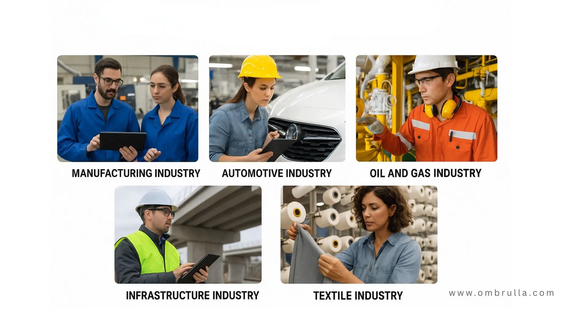 AI Visual Inspection use cases across industries – infrastructure, manufacturing, oil and gas, automotive, and textiles.