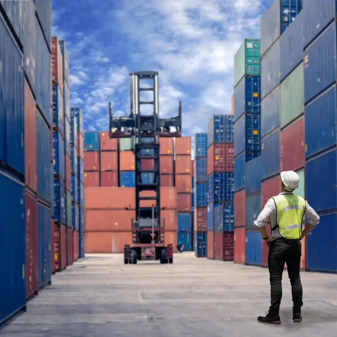 AI computer vision system scanning cargo containers at port to verify seals, labels, and structural integrity for quality control