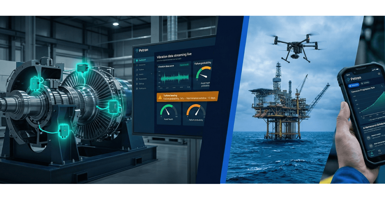 Industrial predictive maintenance dashboard showing AI and IoT asset health analysis