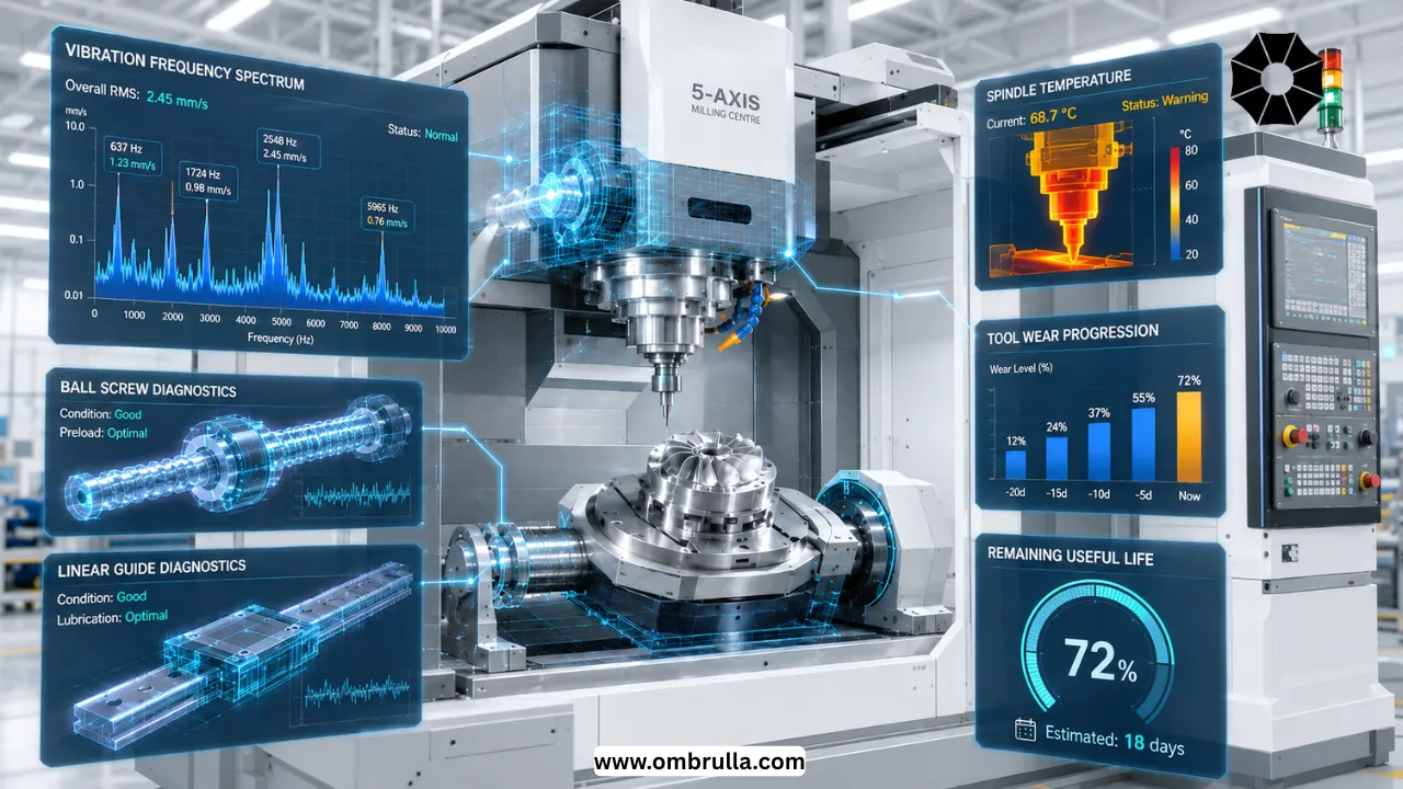 CNC machining centre with holographic AI overlay showing vibration spectrum, temperature heatmap, tool wear progression and RUL gauge at 72%