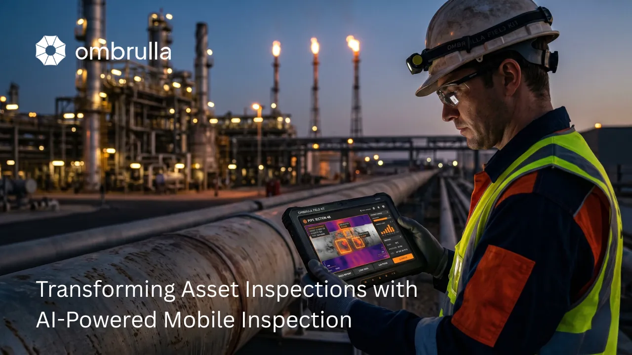 Field inspector in industrial PPE holding rugged tablet displaying AI inspection interface with defect detection zones on corroded pipeline, oil refinery in background.