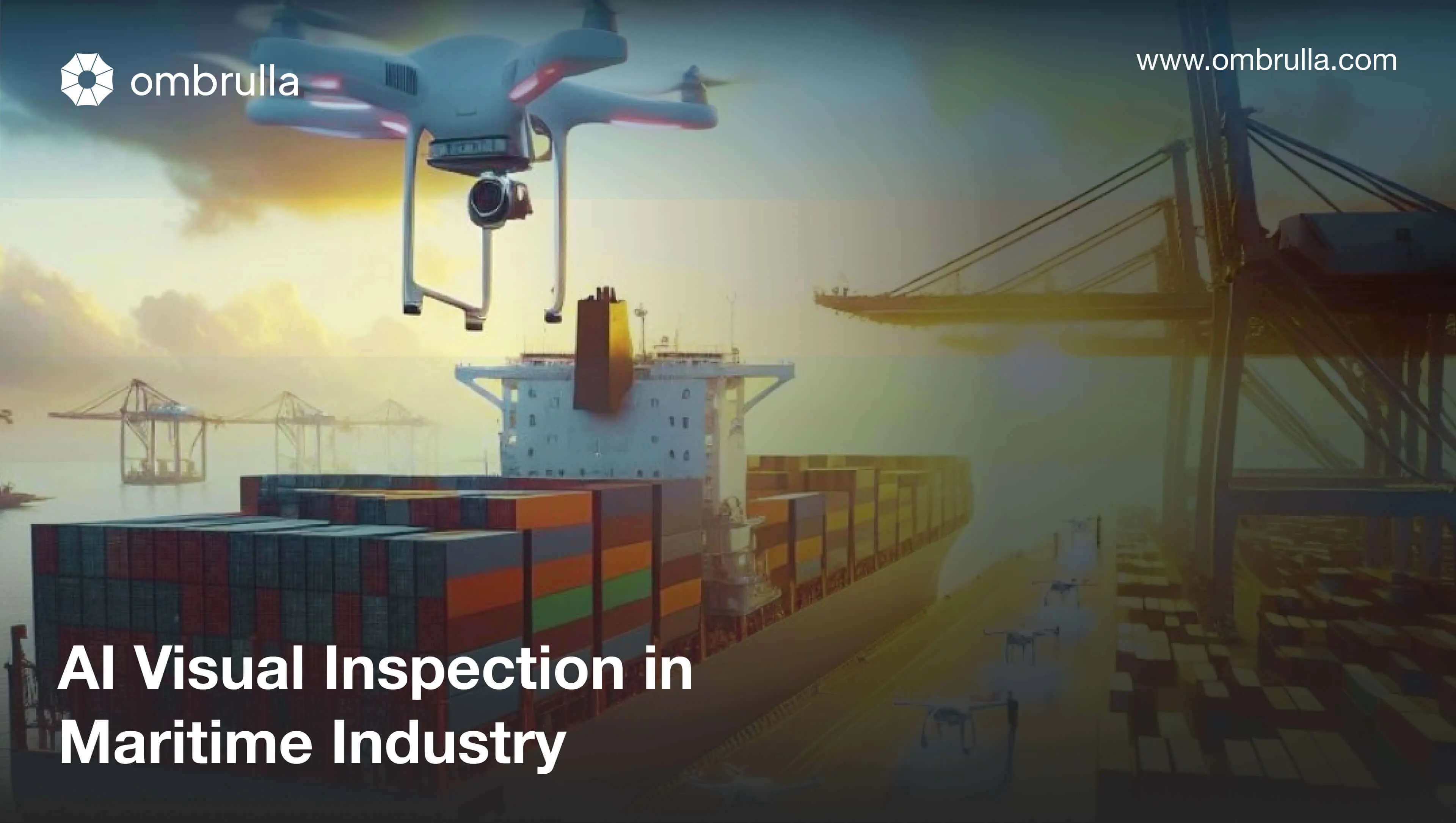 Maritime vessel with AI visual inspection drones and underwater ROVs monitoring ship hull integrity, cargo containers, and offshore platforms
