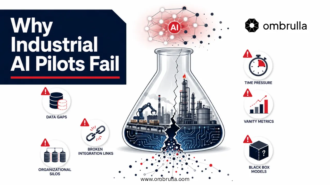 Illustration of a cracked laboratory flask containing industrial assets and AI elements, symbolizing the common causes of industrial AI pilot failures such as poor data, weak integration, and organizational barriers.