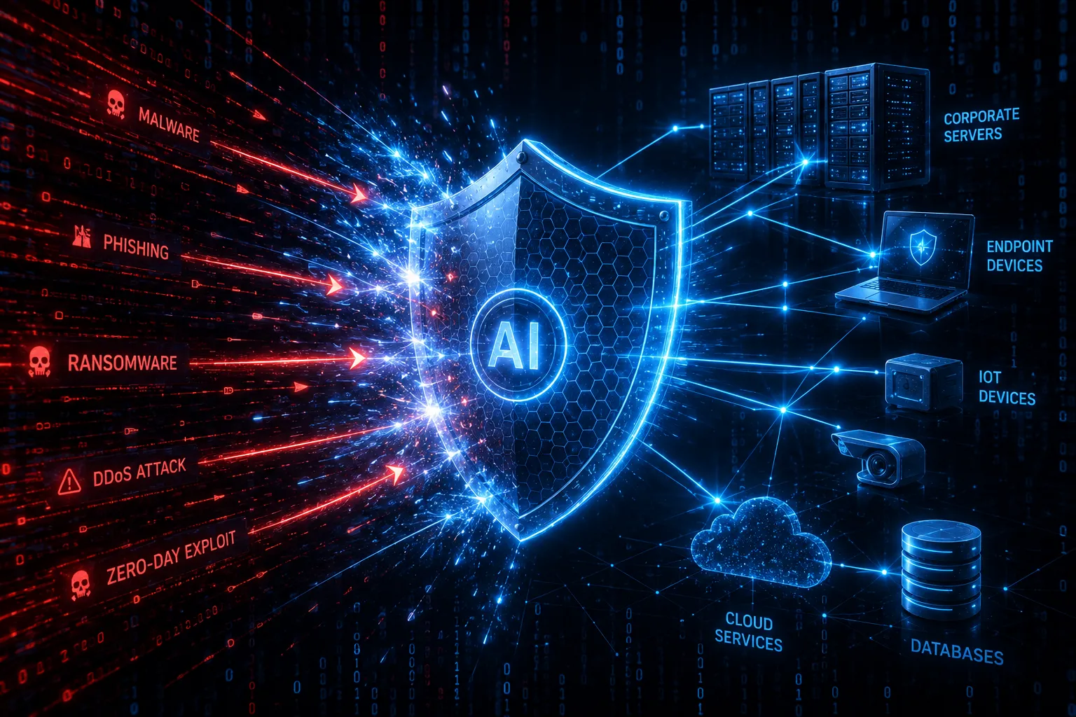 AI-powered cybersecurity system detecting and blocking threats in real time across a corporate network