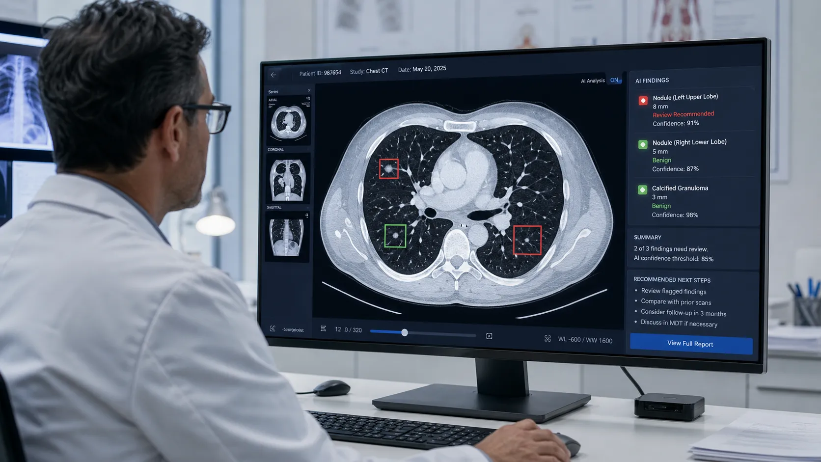 AI-powered medical imaging analysis detecting anomalies on a radiology workstation with a clinician reviewing results