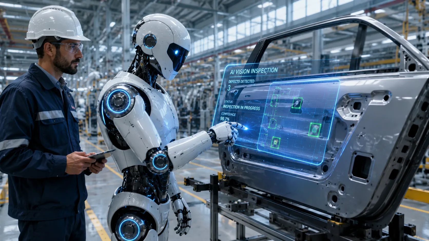Humanoid robot working alongside human technicians on a modern factory floor with AI visual inspection overlay