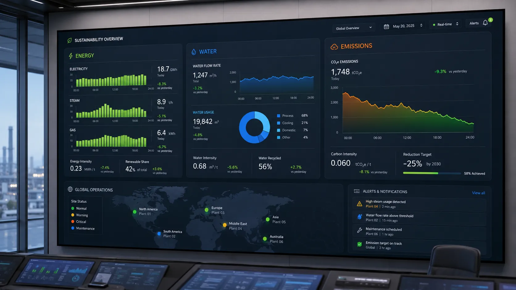 AI-powered sustainability dashboard showing real-time energy, water, and emissions data across multiple factory sites