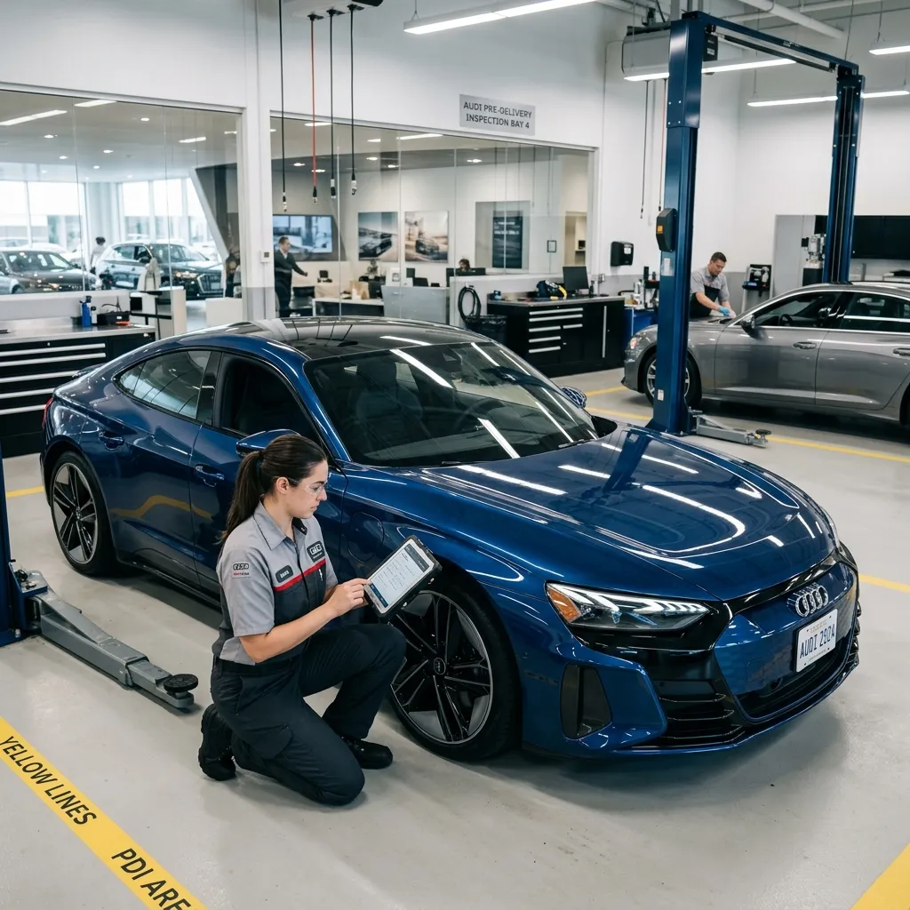 Technician using a tablet to perform pre-delivery inspection on a new car in a dealership service bay