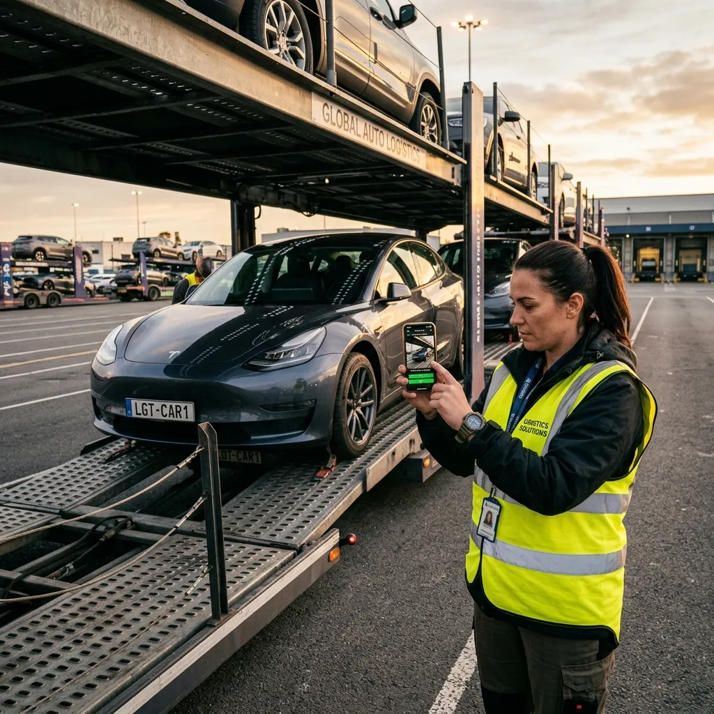 Truck driver photographing a car being loaded onto a transport trailer for handover documentation