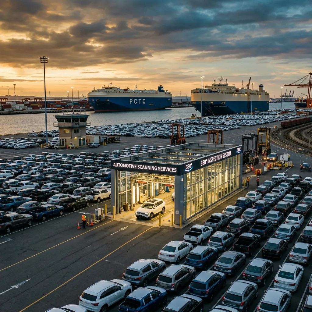 Large drive-through 360 degree scanning tunnel at a bustling automotive port of dispatch