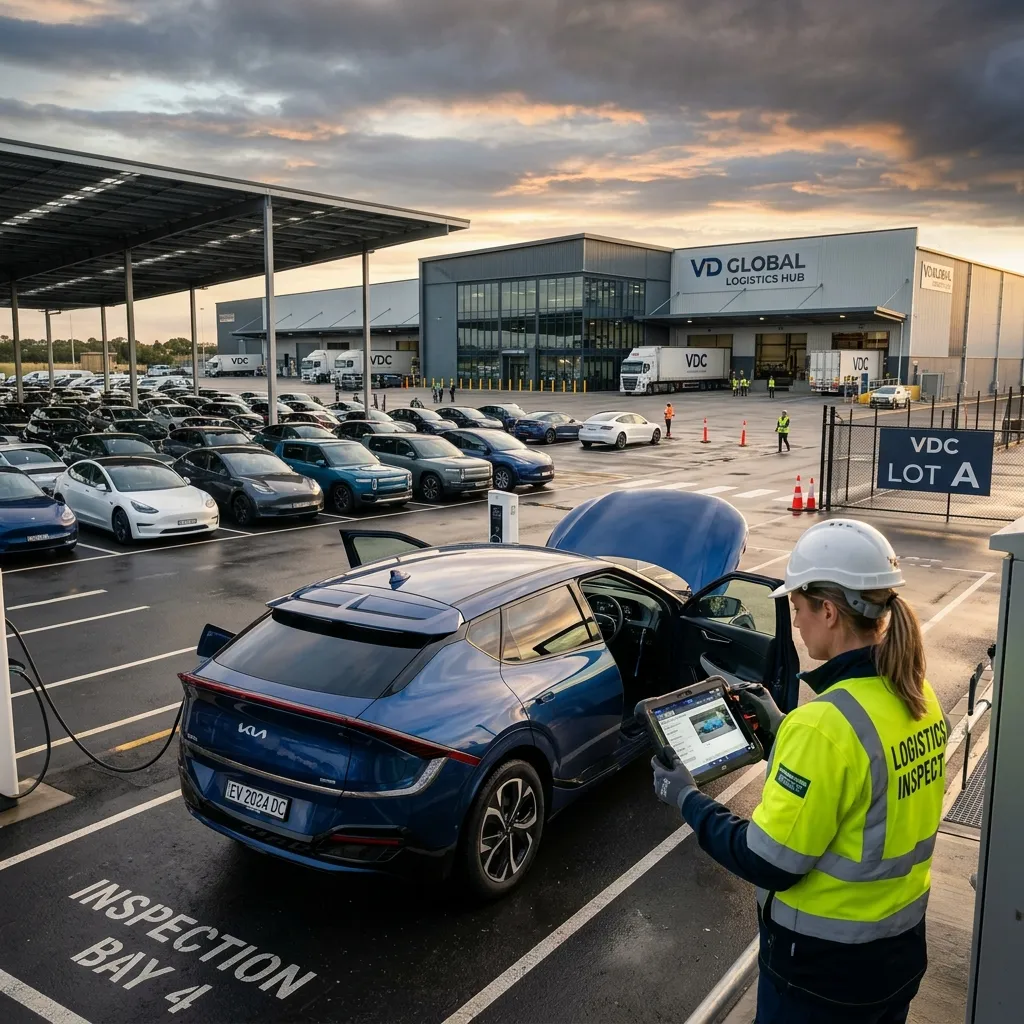 Inspector using tablet to scan an electric vehicle at a vehicle distribution center