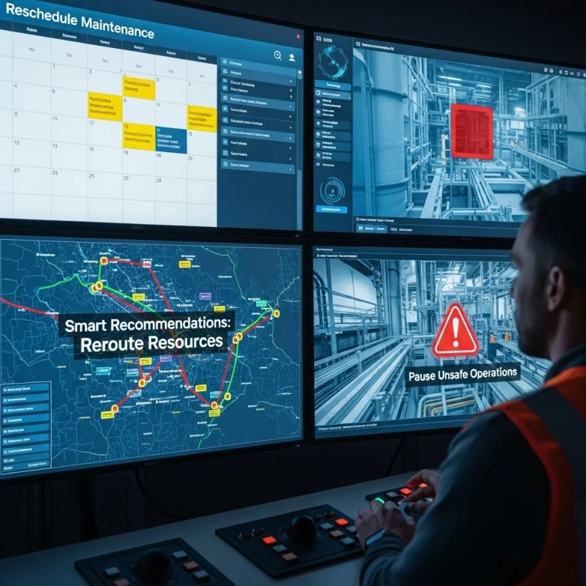 AI system suggests data-driven corrective actions such as rerouting resources, rescheduling maintenance, or pausing unsafe operations to enhance efficiency and safety.