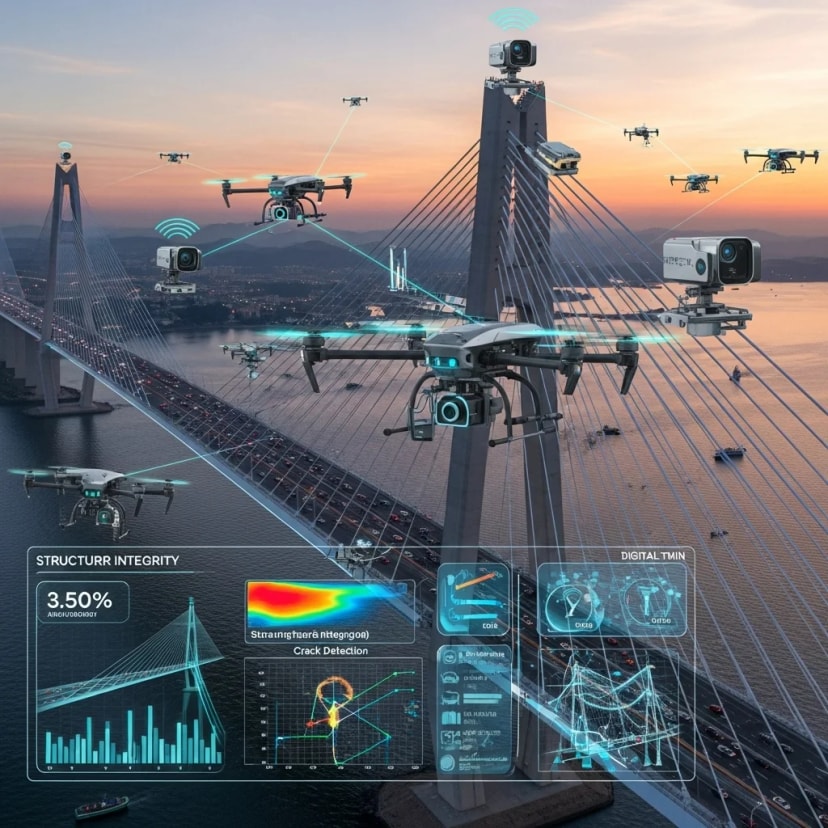 AI-powered drones and cameras inspecting bridges, tunnels, and utility structures in real time.