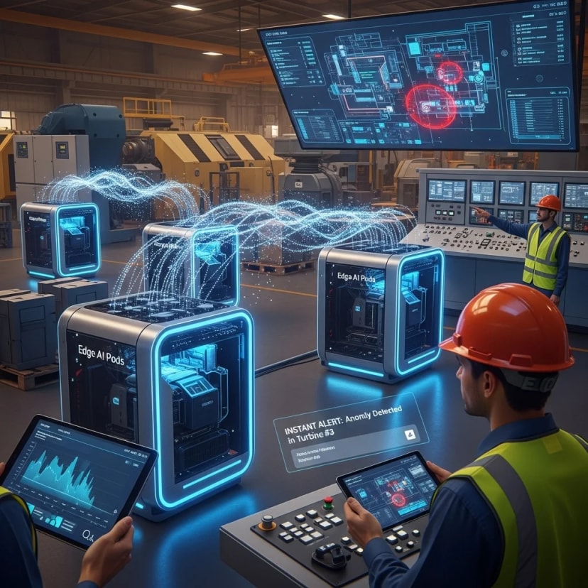 Edge AI pods performing on-site analytics and sending instant alerts to engineers and operators for rapid decision-making.