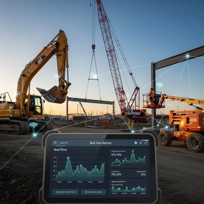IoT sensors tracking the performance and health of construction machinery, cranes, and utility equipment in real time.