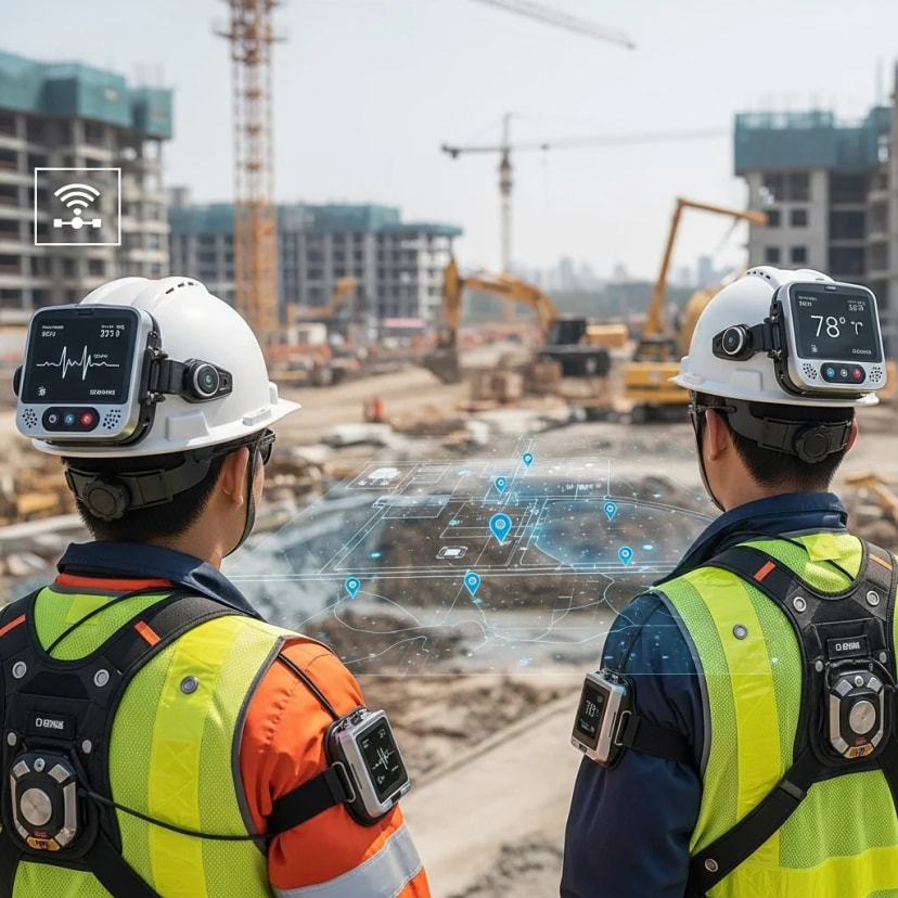 IoT-enabled helmets and vests monitor worker location, movement, and health metrics on large construction and infrastructure project sites.