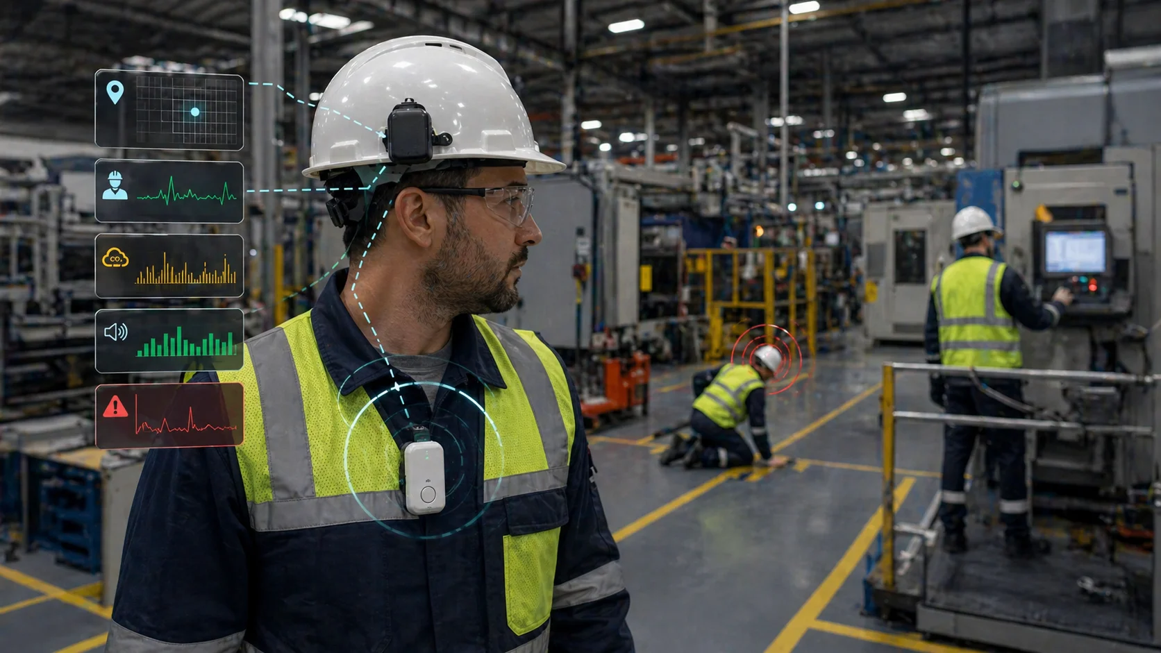 Smart helmets and badges powered by AI and IoT monitor worker safety, location, and health conditions in real time on industrial and construction sites.