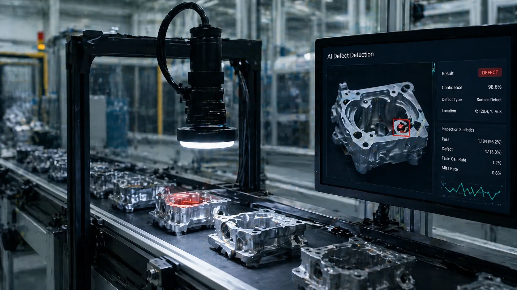 AI-powered high-resolution camera inspection system detecting manufacturing defects on production lines in real time automatically.