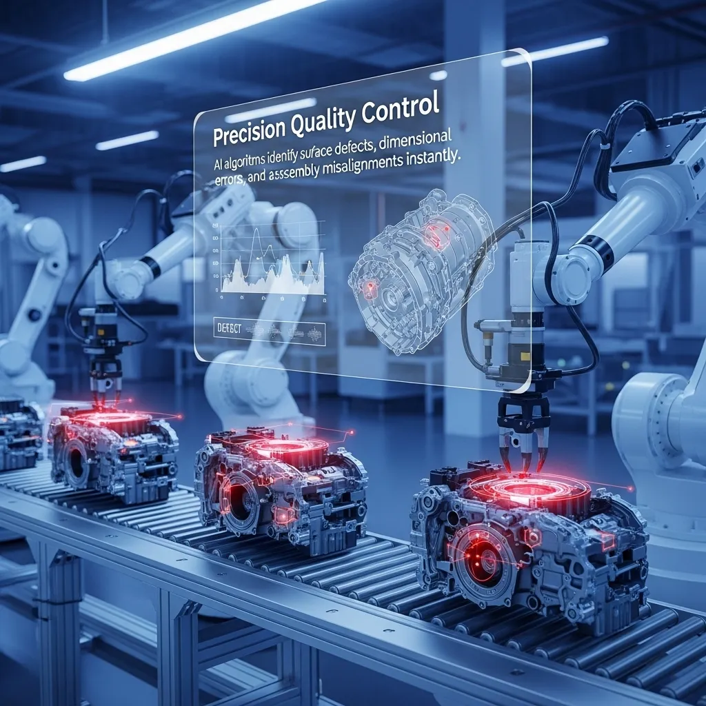 AI algorithms identify surface defects, dimensional inaccuracies, and assembly misalignments instantly to ensure precision quality control in manufacturing.