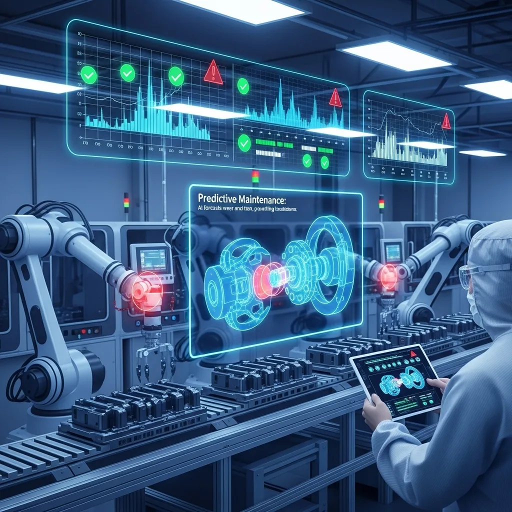 AI predicts equipment wear and tear, enabling proactive maintenance to prevent breakdowns and unplanned downtime during production runs.