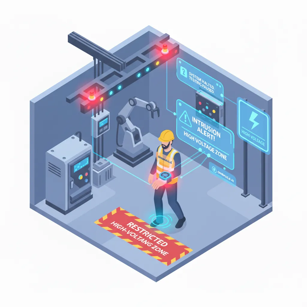 Ombrulla's AI-powered safety wearables detect a worker entering a restricted high-voltage testing zone, trigger an instant alert, halt the testing process, and automatically log the incident to ensure safety and compliance.