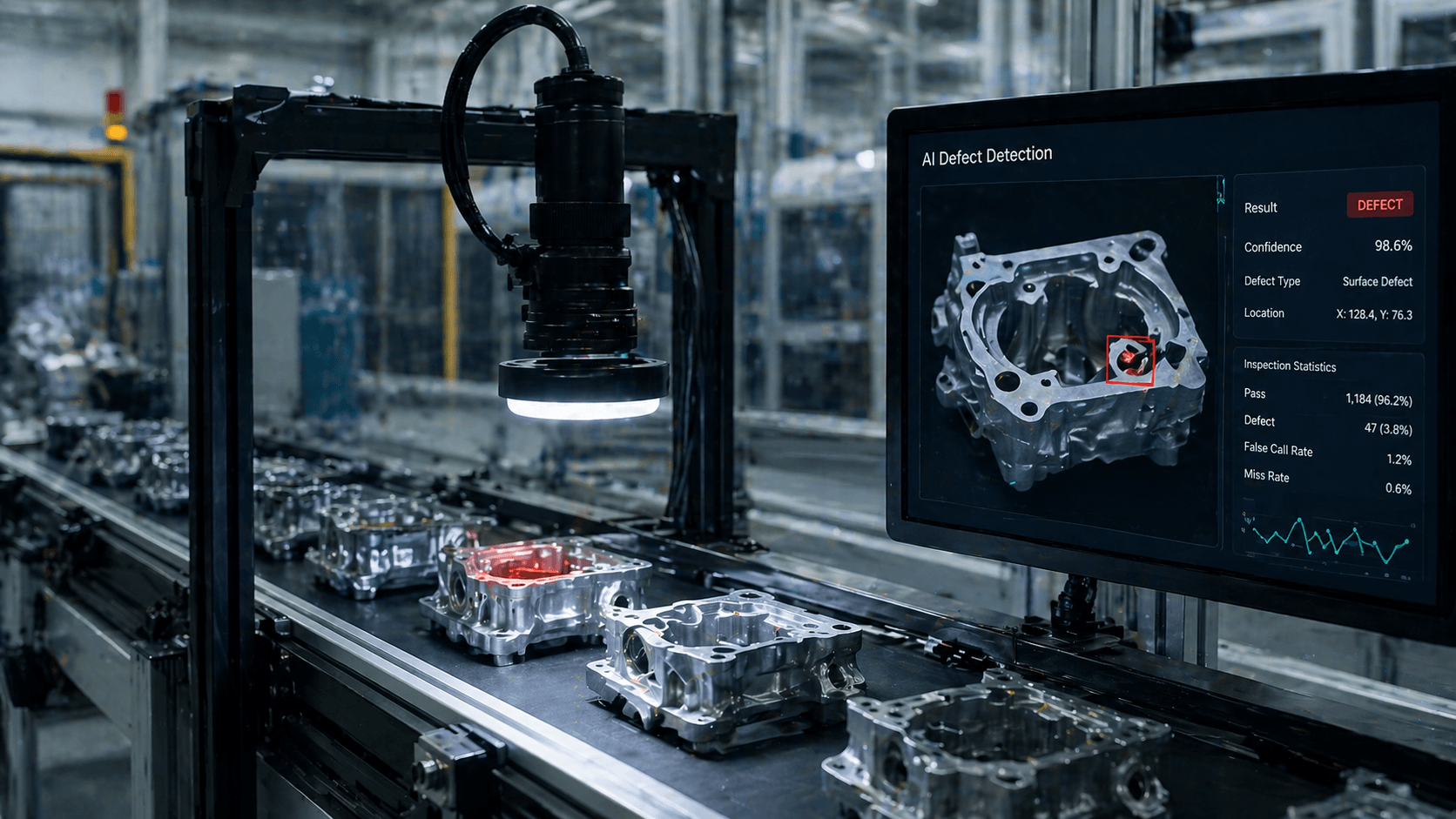 AI-powered high-resolution camera inspection system detecting manufacturing defects on production lines in real time automatically.