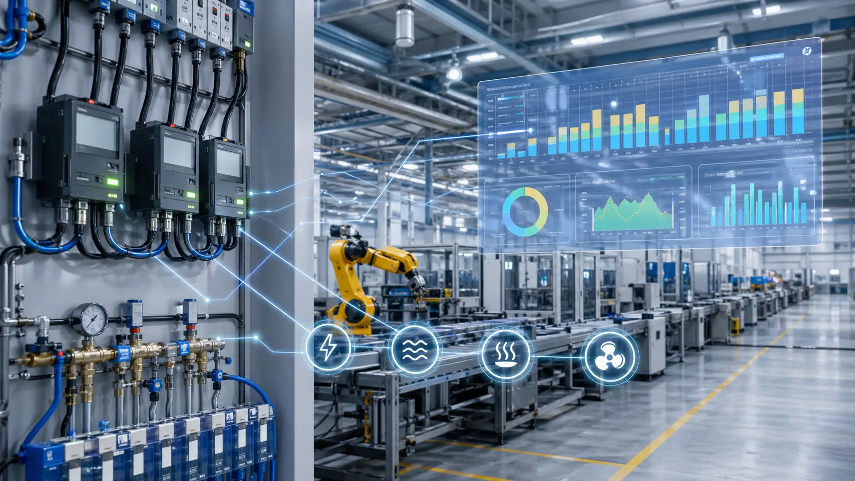 Energy sub-metering system tracking manufacturing consumption by production line and equipment class.