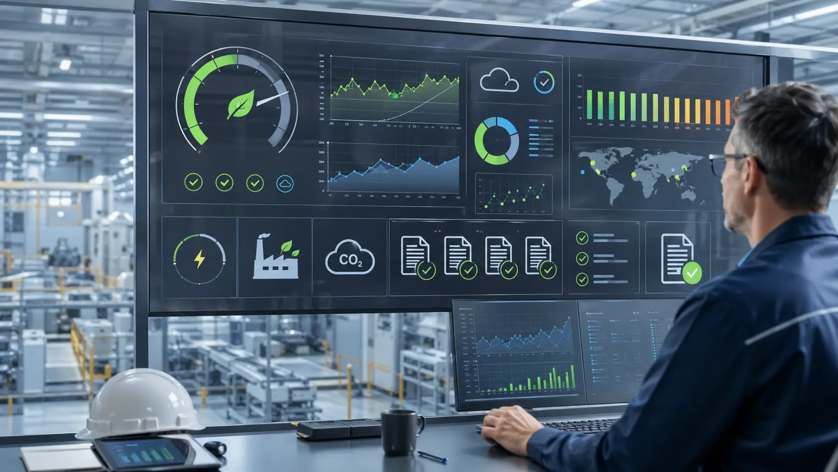Energy compliance dashboard showing ISO 50001 M&V and CSRD ESRS E1 GHG emissions data.