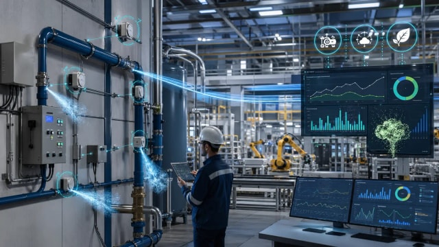 A smart factory uses Ombrulla's energy monitoring AI to detect that compressed air leaks are consuming 28% of system energy. AI pinpoints leak locations for rapid repair. Monthly energy baseline drops 15%, reducing operating costs and meeting CSRD emissions targets.
