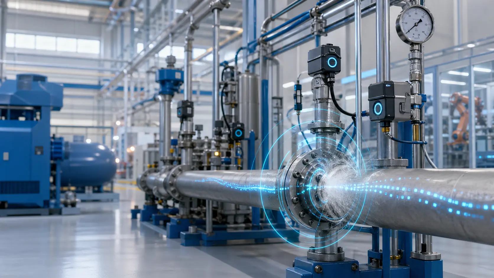 AI leak detection system identifying compressed air and steam system energy losses.