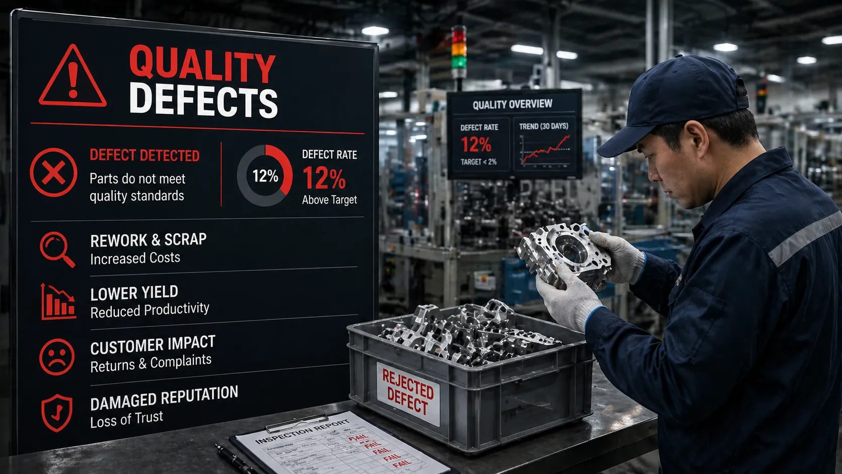 AI visual inspection system detecting micro-defects on a manufacturing production line with higher sensitivity than manual inspection