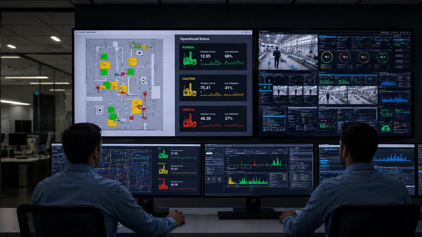 IoT sensor monitoring temperature, vibration, and speed across production machinery for real-time equipment performance tracking.