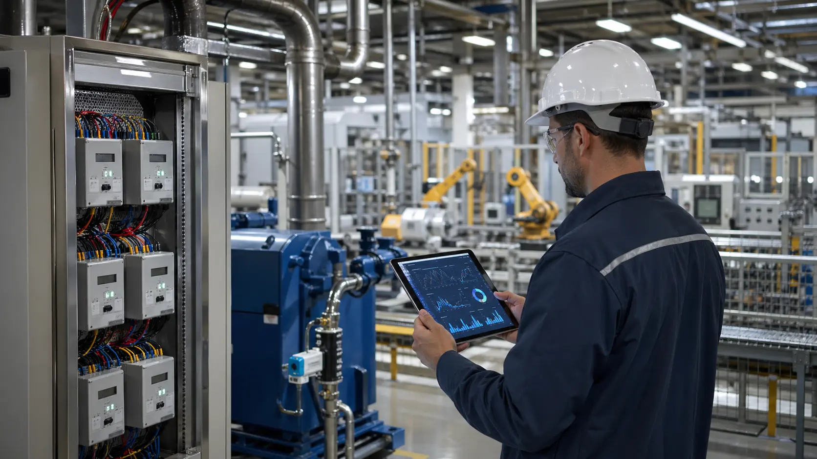 AI energy management reducing manufacturing operating costs through leak detection and efficiency gains.