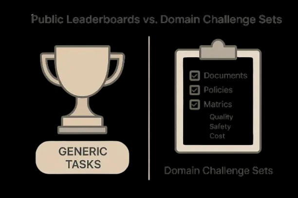 Image comparing public leaderboards and domain challenge sets with trophy and checklist icons.