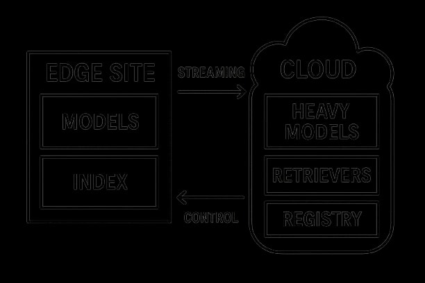 Diagram showing edge site box with models and index, cloud box with heavy models, retrievers, and registry, connected by arrows for streaming and control.